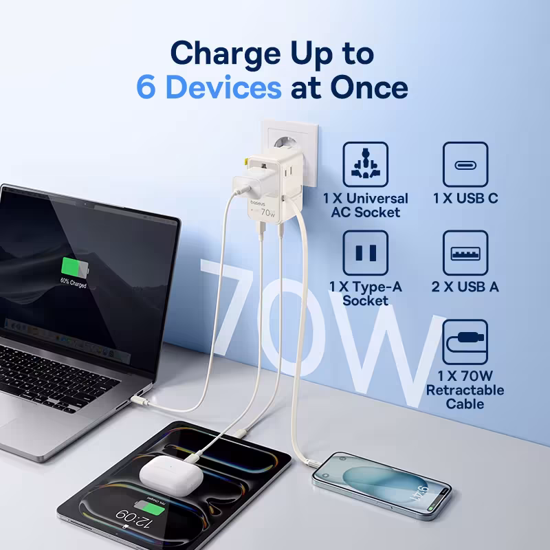 Baseus 70W GaN Universal Travel Adapter with Retractable Cable, 6-in-1 Worldwide Plug for EU UK US AUS Baseus 70W GaN Universal Travel Adapter with Retractable Cable, 6-in-1 Worldwide Plug for EU UK US AUS - Image 6
