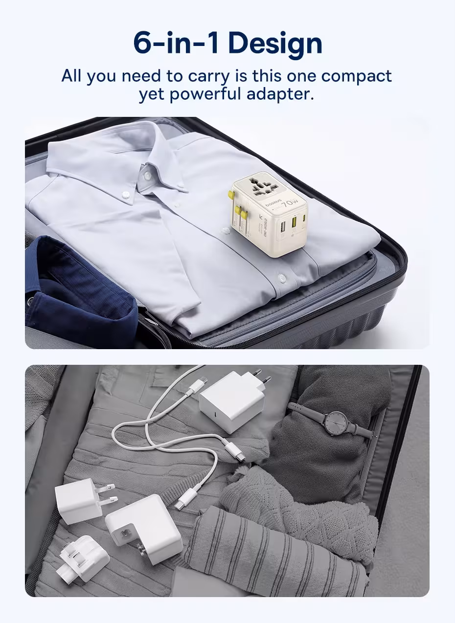 Baseus Universal Travel Adapter 70W GaN 2 AC Outlet 1 USB 2 Type C Port Retractable Cable Fast Charger EU UK US AUS 6-IN-1 Plug Baseus Universal Travel Adapter 70W GaN 2 AC Outlet 1 USB 2 Type C Port Retractable Cable Fast Charger EU UK US AUS 6-IN-1 Plug