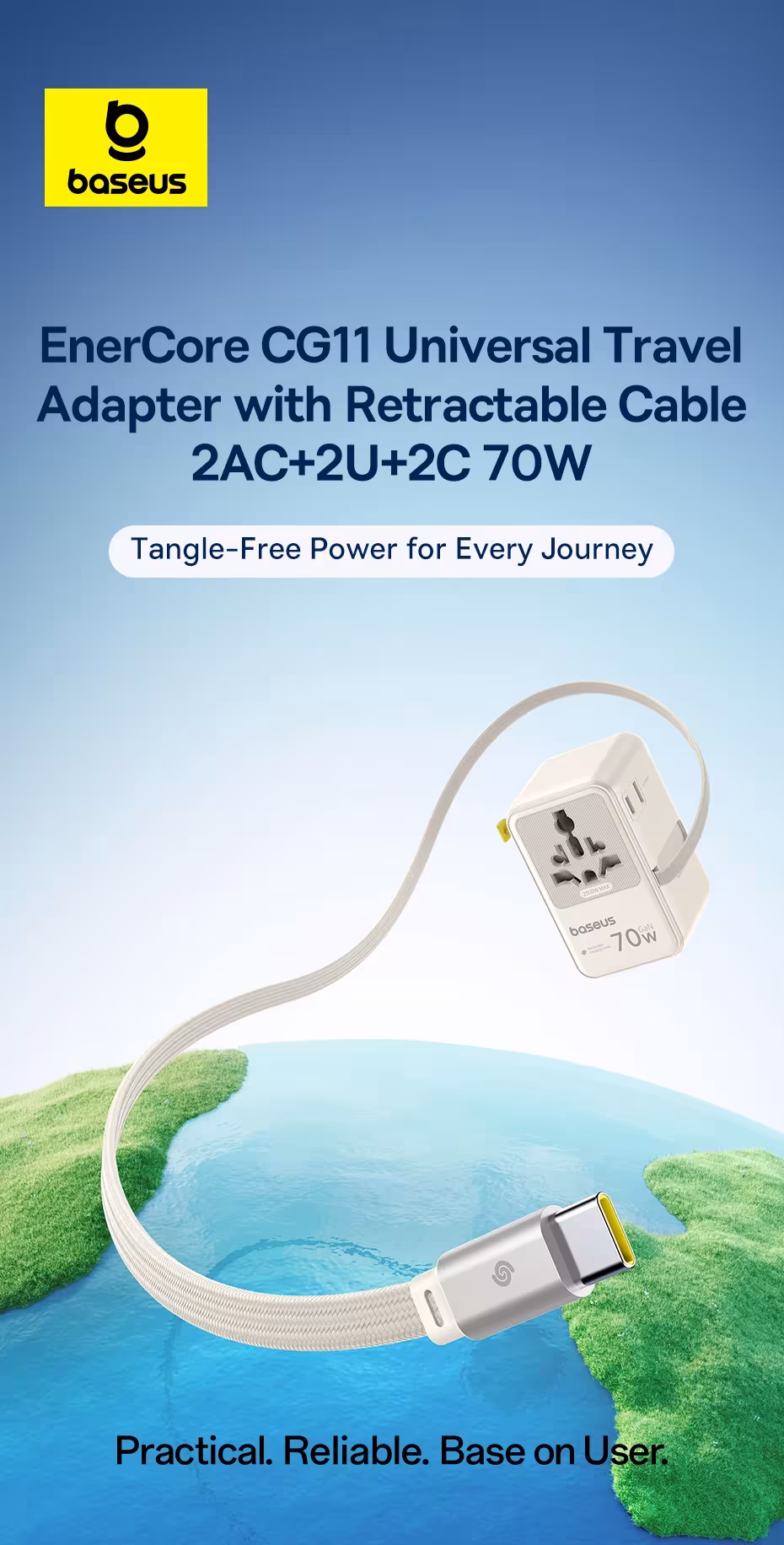 Baseus Universal Travel Adapter 70W GaN 2 AC Outlet 1 USB 2 Type C Port Retractable Cable Fast Charger EU UK US AUS 6-IN-1 Plug Baseus Universal Travel Adapter 70W GaN 2 AC Outlet 1 USB 2 Type C Port Retractable Cable Fast Charger EU UK US AUS 6-IN-1 Plug