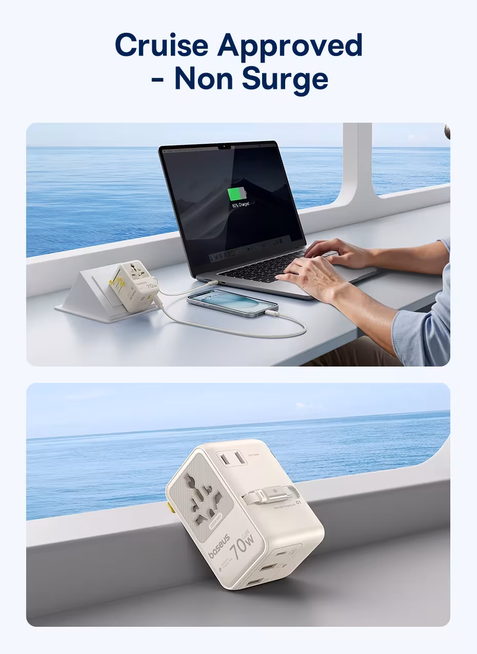 Baseus Universal Travel Adapter 70W GaN 2 AC Outlet 1 USB 2 Type C Port Retractable Cable Fast Charger EU UK US AUS 6-IN-1 Plug Baseus Universal Travel Adapter 70W GaN 2 AC Outlet 1 USB 2 Type C Port Retractable Cable Fast Charger EU UK US AUS 6-IN-1 Plug