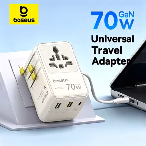Baseus 70W GaN Universal Travel Adapter with Retractable Cable, 6-in-1 Worldwide Plug for EU UK US AUS