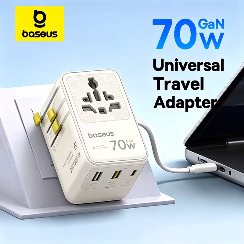 Baseus 70W GaN Universal Travel Adapter with Retractable Cable, 6-in-1 Worldwide Plug for EU UK US AUS Baseus 70W GaN Universal Travel Adapter with Retractable Cable, 6-in-1 Worldwide Plug for EU UK US AUS