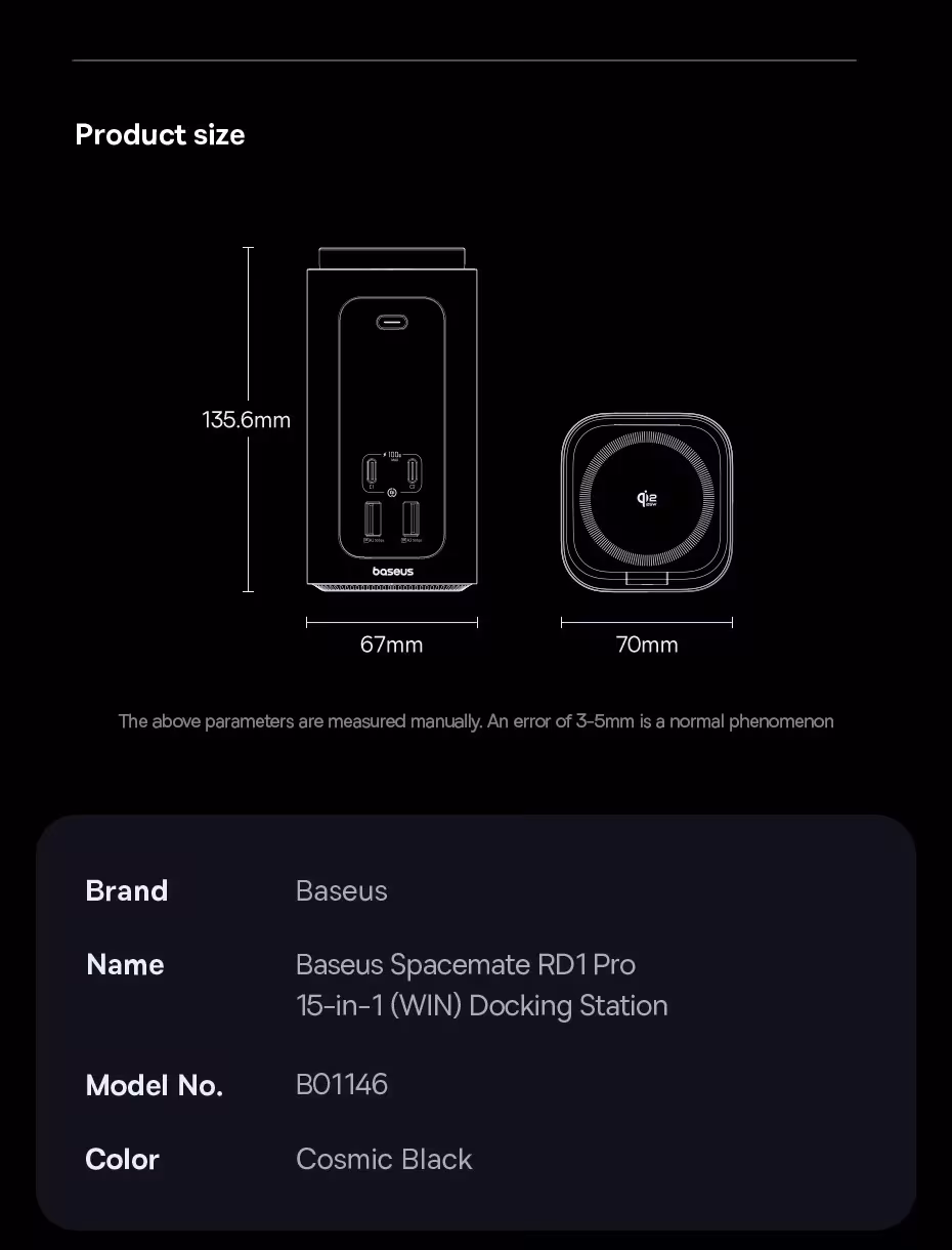 Baseus Docking Station 15-in-1 160W USB C HUB HDMI 4K 120Hz USB3.2 RJ45 SD TF Fast Type C PD 100W Qi2.2 25W Wireless Charger Hub Baseus Docking Station 15-in-1 160W USB C HUB HDMI 4K 120Hz USB3.2 RJ45 SD TF Fast Type C PD 100W Qi2.2 25W Wireless Charger Hub