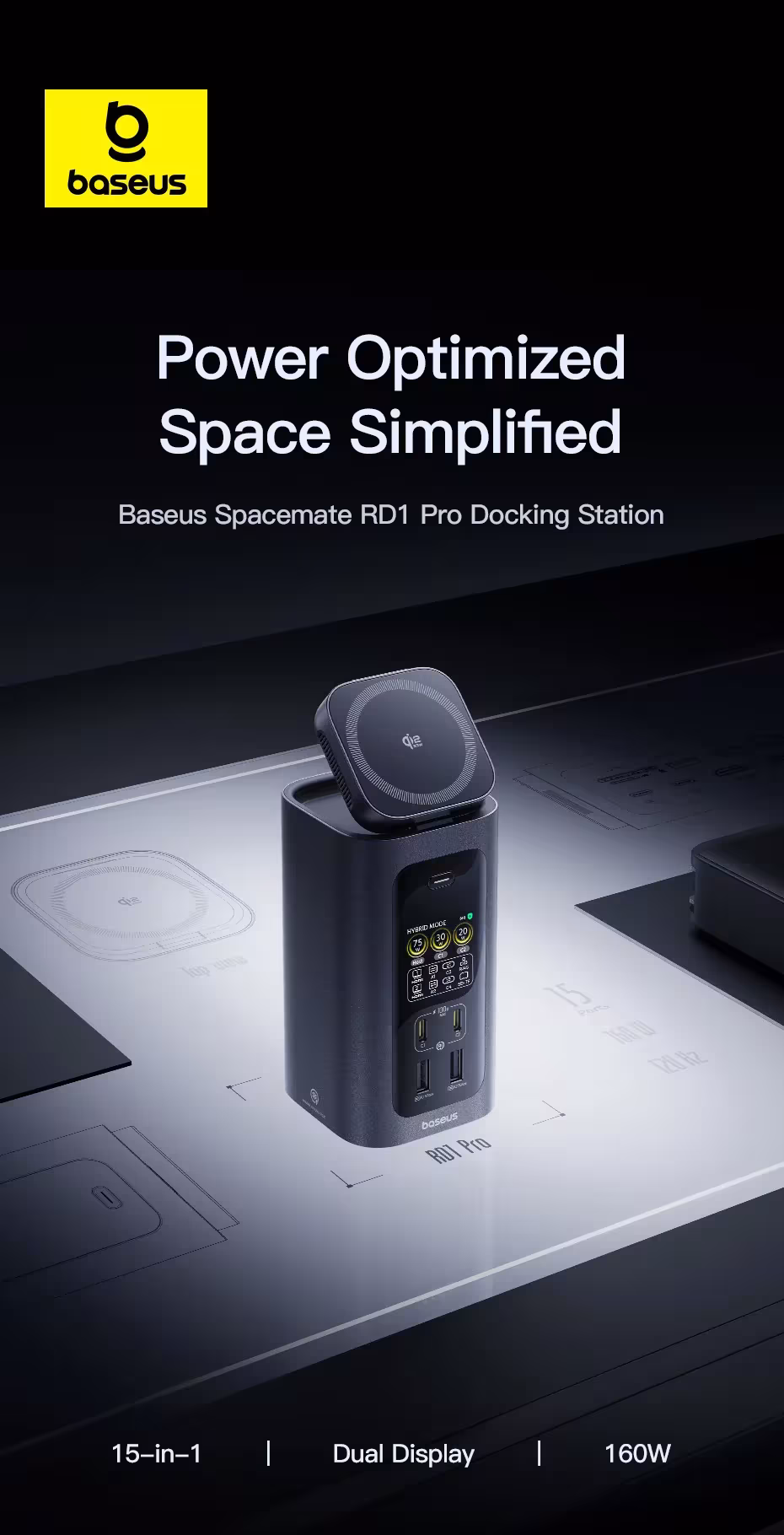 Baseus Docking Station 15-in-1 160W USB C HUB HDMI 4K 120Hz USB3.2 RJ45 SD TF Fast Type C PD 100W Qi2.2 25W Wireless Charger Hub Baseus Docking Station 15-in-1 160W USB C HUB HDMI 4K 120Hz USB3.2 RJ45 SD TF Fast Type C PD 100W Qi2.2 25W Wireless Charger Hub