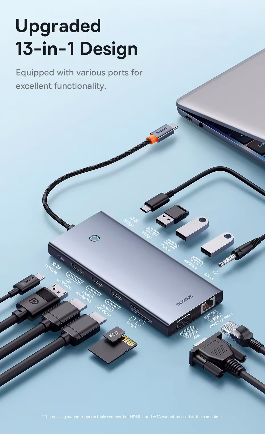 Baseus 13-in-1 USB C HUB to 2*HDMI 1*DP 4K@60Hz 1*VGA Quadruple Display USB 3.2 Adapter with RJ45 SD TF 3.5mm PD 100W Type C Hub Baseus 13-in-1 USB C HUB to 2*HDMI 1*DP 4K@60Hz 1*VGA Quadruple Display USB 3.2 Adapter with RJ45 SD TF 3.5mm PD 100W Type C Hub