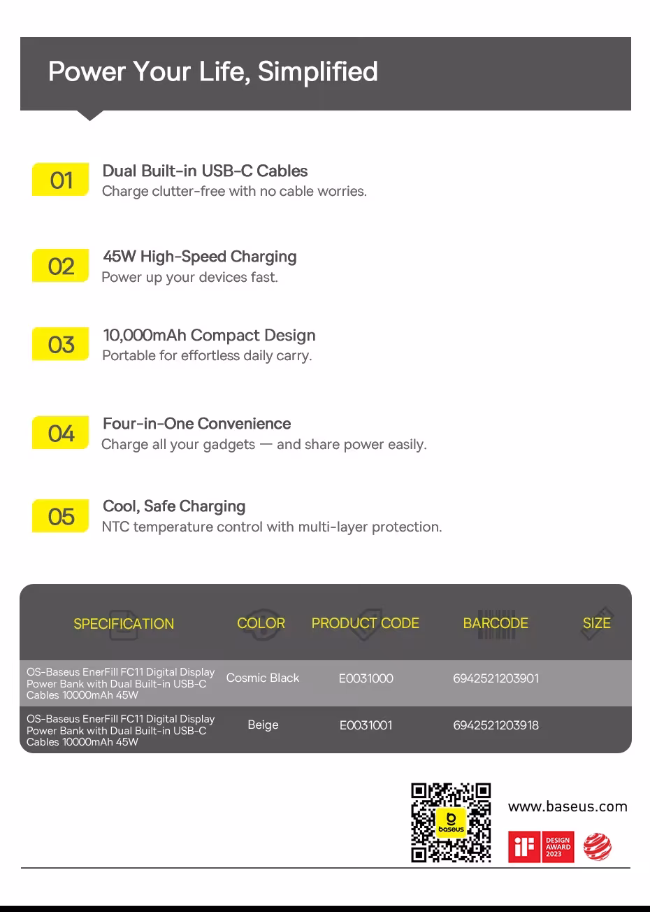 Baseus 45W Power Bank 10000mAh 20000mAh Built-In Dual USB-C Cable Fast Charging for iPhone 17 16 Pro Max Samsung S25 Xiaomi Poco Baseus 45W Power Bank 10000mAh 20000mAh Built-In Dual USB-C Cable Fast Charging for iPhone 17 16 Pro Max Samsung S25 Xiaomi Poco