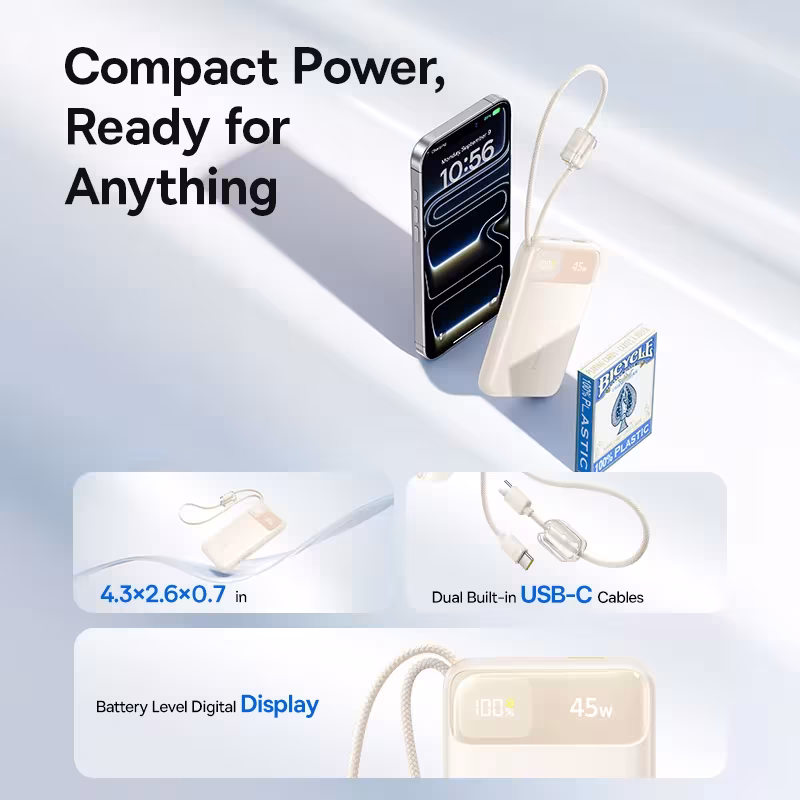Baseus EnerFill FC11 45W 10000mAh Power Bank with Dual Built-In USB-C Cables, Digital Display Baseus EnerFill FC11 45W 10000mAh Power Bank with Dual Built-In USB-C Cables, Digital Display - Image 2