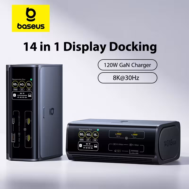 Baseus 14-in-1 USB-C Docking Station 4K@120Hz Dual Display 120W GaN PD Charger 10Gbps USB 3.2 SD/TF RJ45 Baseus 14-in-1 USB-C Docking Station 4K@120Hz Dual Display 120W GaN PD Charger 10Gbps USB 3.2 SD/TF RJ45