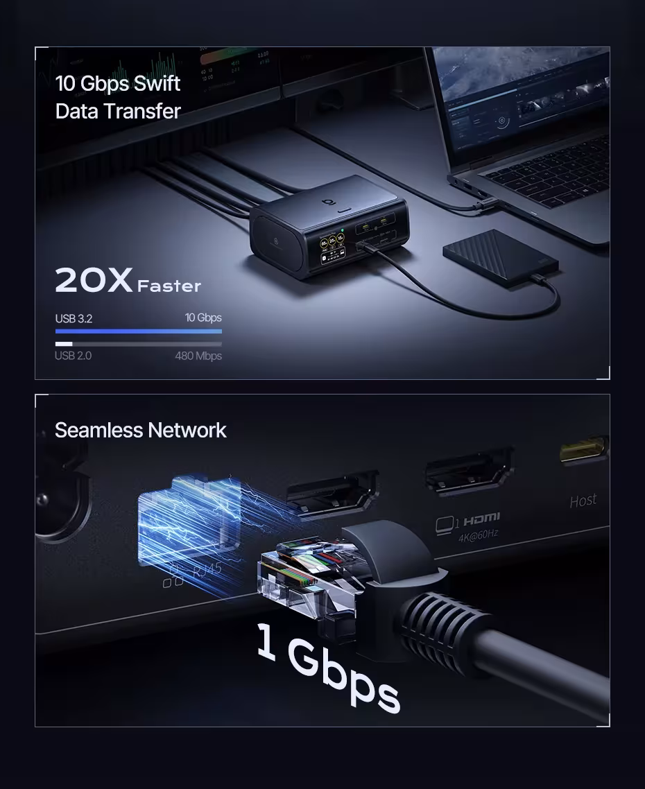 Baseus 14-in-1 USB-C Docking Station 4K@120Hz Dual Display 120W GaN PD Charger 10Gbps USB 3.2 SD/TF RJ45 Baseus 14-in-1 USB-C Docking Station 4K@120Hz Dual Display 120W GaN PD Charger 10Gbps USB 3.2 SD/TF RJ45