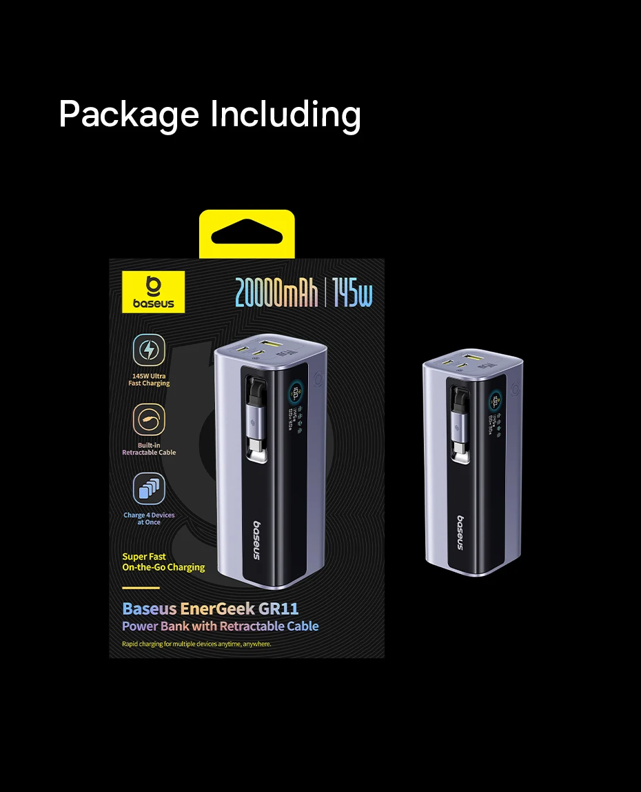 Baseus 145W Power Bank 20000mAh with Built-In 100W Retractable Type-C Cable Baseus 145W Power Bank 20000mAh with Built-In 100W Retractable Type-C Cable